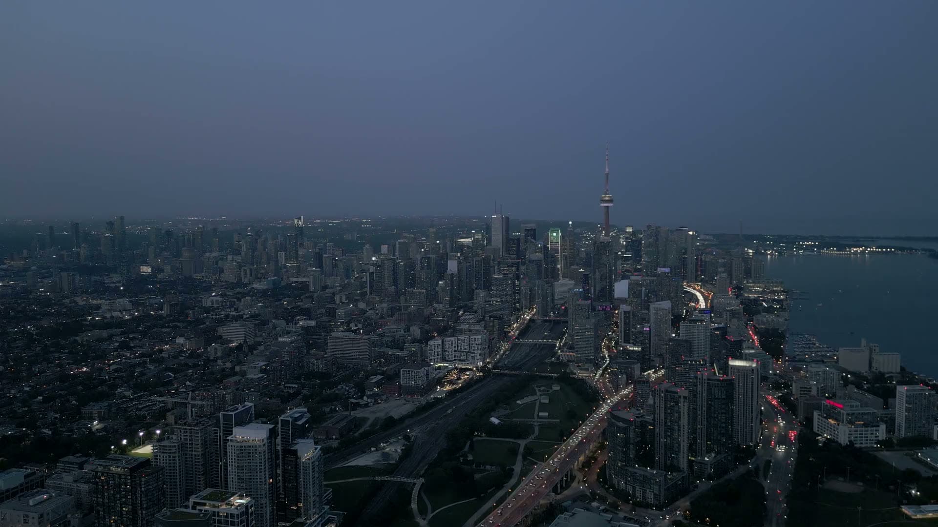 Aerial view of downtown Toronto at dusk